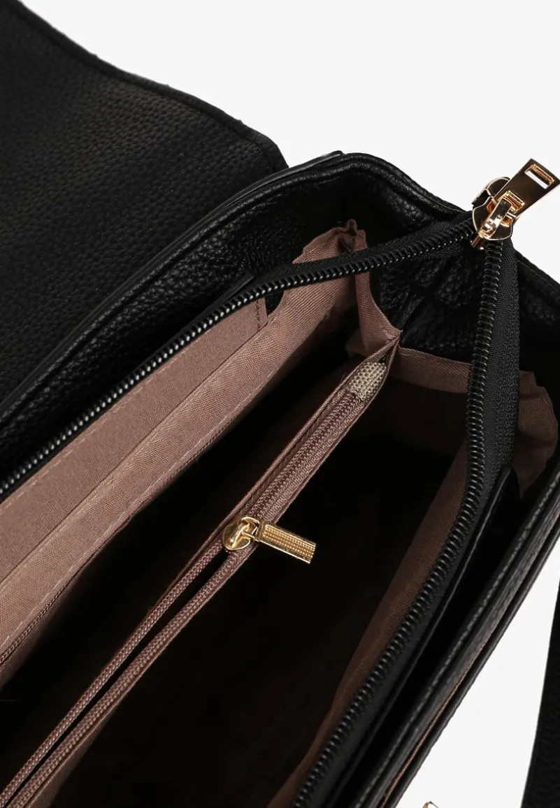 Czarna Torebka Typu Listonoszka z Rączką i Ozdobną Klapą Monevia