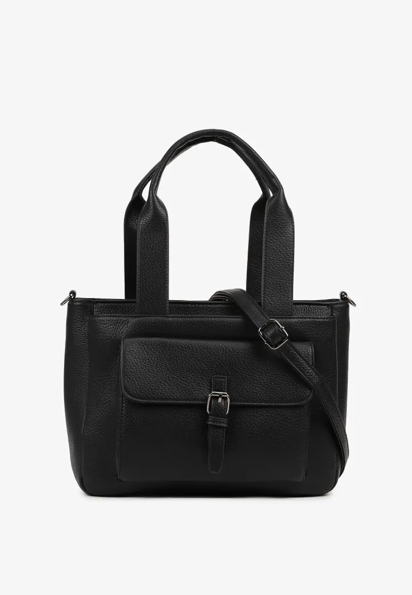 Czarna Torebka Typu Shopper z Klamerką i Dodatkowym Paskiem Crossbody Kolarienna