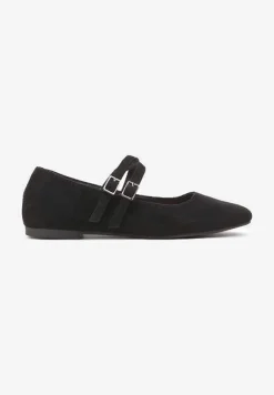 Czarne Balerinki o Kwadratowym Nosku z Paskami i Eleganckimi Klamerkami Nailan