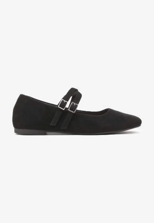 Czarne Balerinki o Kwadratowym Nosku z Paskami i Eleganckimi Klamerkami Nailan