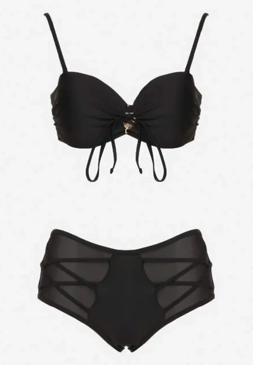 Czarne Bikini Biustonosz i Majtki Figi High Waist z Siateczkowymi Zdobieniami Kinovia
