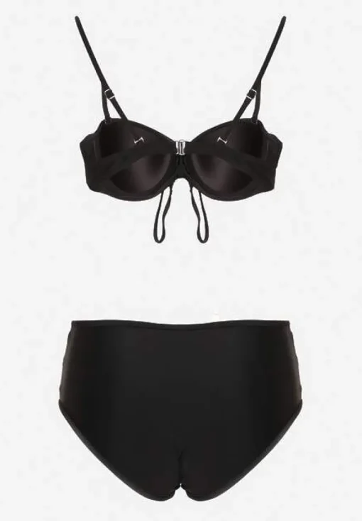 Czarne Bikini Biustonosz i Majtki Figi High Waist z Siateczkowymi Zdobieniami Kinovia