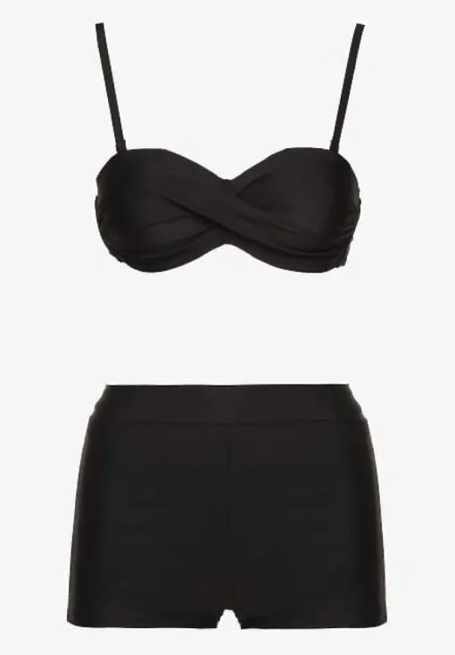 Czarne Bikini 3-częściowe Biustonosz z Wiązaniem Majtki Figi i Bokserki Vinalle