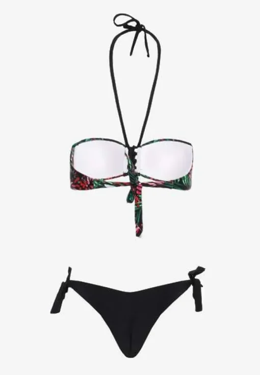 Czarne Bikini Majtki Figi ze Sznurkami po Bokach i Usztywniany Biustonosz z Wiązaniem Natmarie