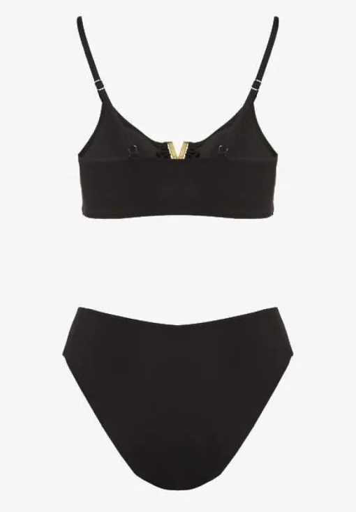 Czarne Bikini Majtki Figi i Biustonosz Ozdobiony Metaliczną Aplikacją Kinniela