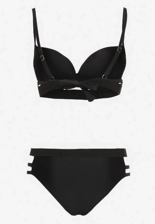 Czarne Bikini z Ozdobnymi Wycięciami Wiązany Biustonosz i Majtki Figi Kinessa
