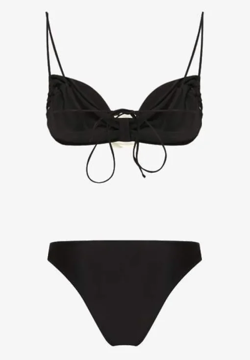 Czarne Bikini z Wiązaną Górą Ozdobione Kwiatowymi Aplikacjami Rivashan