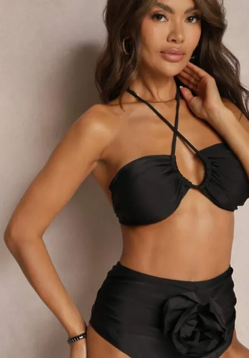 Czarne 2-Częściowe Bikini Stanik Zapinany przy Szyi z Wiązaniem Figi z Wysokim Stanem Nanselian