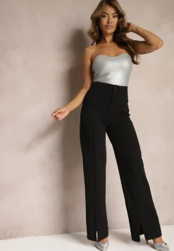 Czarne Eleganckie Spodnie High Waist o Szerokim Kroju z Wiskozą i Rozcięciami Yurlea