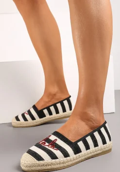 Czarne Espadryle przed Kostkę na Plecionej Podeszwie w Paski i z Napisem Hearta