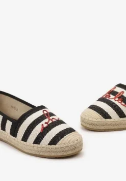 Czarne Espadryle przed Kostkę na Plecionej Podeszwie w Paski i z Napisem Hearta
