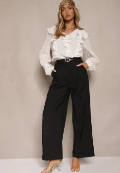 Czarne Garniturowe Spodnie High Waist o Szerokim Kroju Efrase