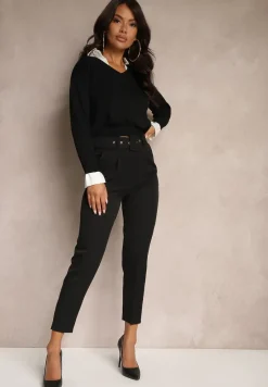 Czarne Garniturowe Spodnie z Wiskozą i Paskiem z Klamrą Vallattia