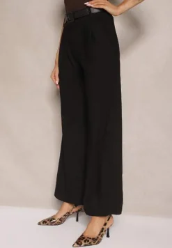 Czarne Garniturowe Spodnie High Waist z Gumką i Dodatkowym Paskiem w Talii Mattine