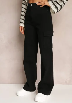 Czarne Jeansy Cargo High Waist z Kieszeniami Anora