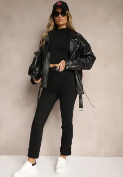 Czarne Jeansy High Waist z Paskiem z Klamrą i Podwiniętymi Nogawkami Lerialen