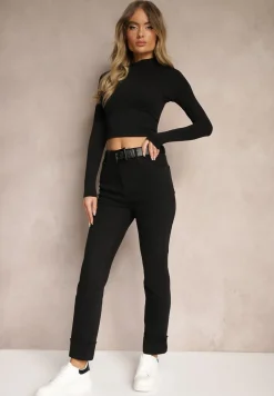 Czarne Jeansy High Waist z Paskiem z Klamrą i Podwiniętymi Nogawkami Lerialen