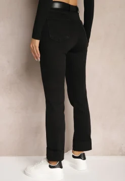 Czarne Jeansy High Waist z Paskiem z Klamrą i Podwiniętymi Nogawkami Lerialen