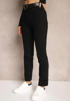 Czarne Jeansy High Waist z Paskiem z Klamrą i Podwiniętymi Nogawkami Lerialen