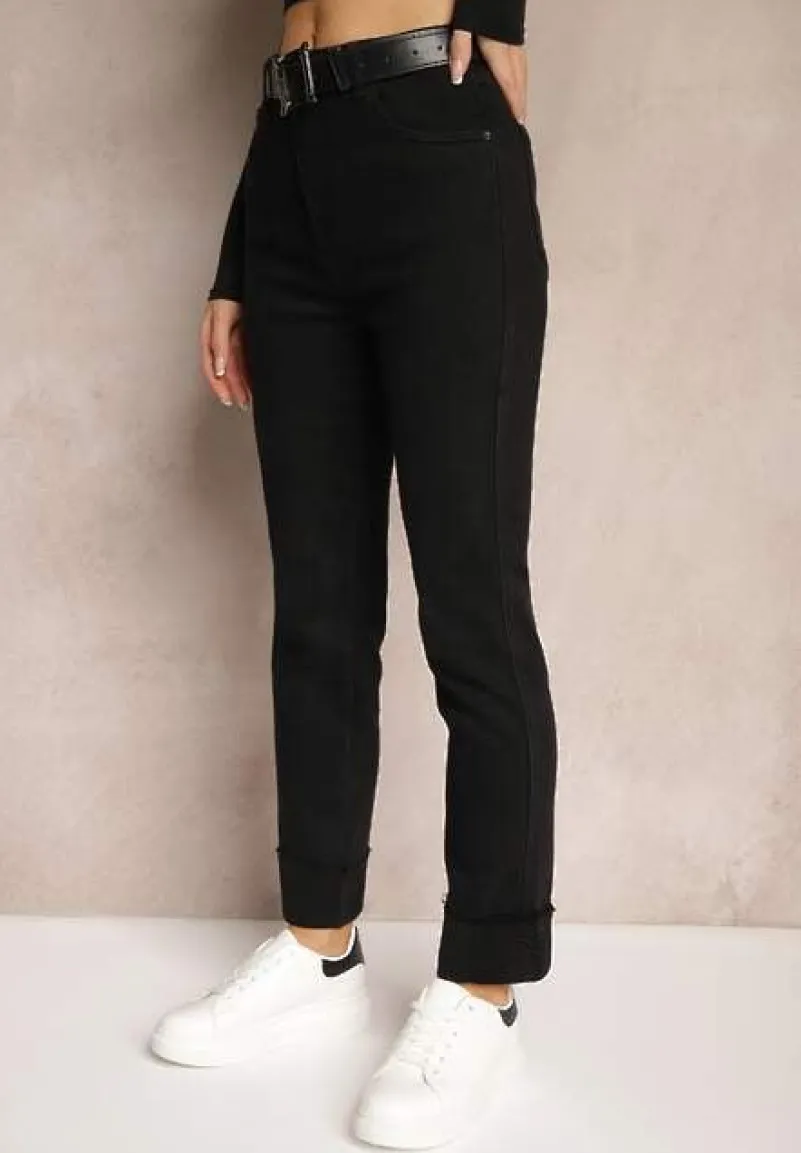 Czarne Jeansy High Waist z Paskiem z Klamrą i Podwiniętymi Nogawkami Lerialen