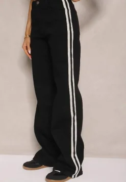 Czarne Jeansy High Waist o Szerokim Kroju z Ozdobnymi Lampasami Ulivira