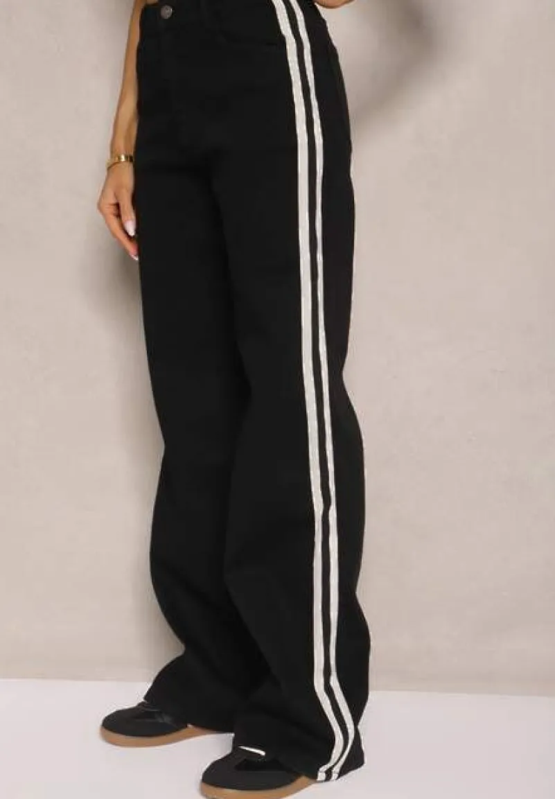 Czarne Jeansy High Waist o Szerokim Kroju z Ozdobnymi Lampasami Ulivira
