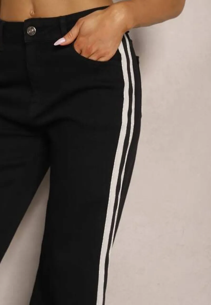 Czarne Jeansy High Waist o Szerokim Kroju z Ozdobnymi Lampasami Ulivira