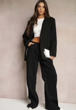 Czarne Jeansy High Waist z Szeroką Nogawką Gumką w Pasie i Lampasami Helvila