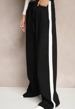 Czarne Jeansy High Waist z Szeroką Nogawką Gumką w Pasie i Lampasami Helvila