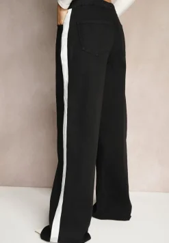 Czarne Jeansy High Waist z Szeroką Nogawką Gumką w Pasie i Lampasami Helvila