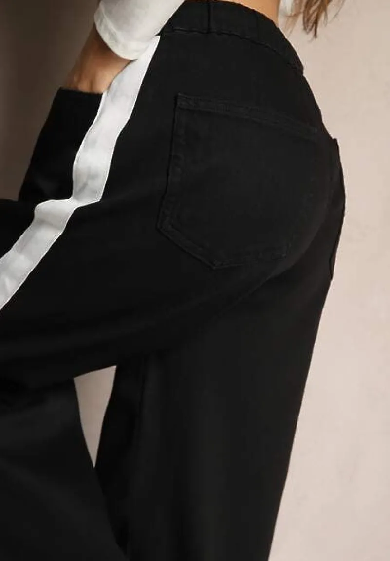 Czarne Jeansy High Waist z Szeroką Nogawką Gumką w Pasie i Lampasami Helvila