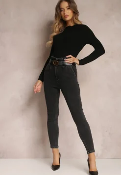 Czarne Jeansy Mom Fit z Paskiem Astera