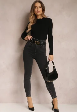 Czarne Jeansy Mom Fit z Paskiem Astera