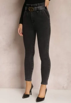 Czarne Jeansy Mom Fit z Paskiem Astera