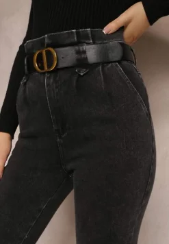 Czarne Jeansy Mom Fit z Paskiem Astera