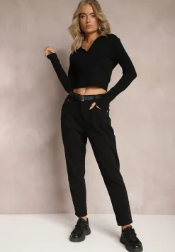 Czarne Jeansy Mom Fit z Wysokim Stanem i Gumką w Pasie Yvona