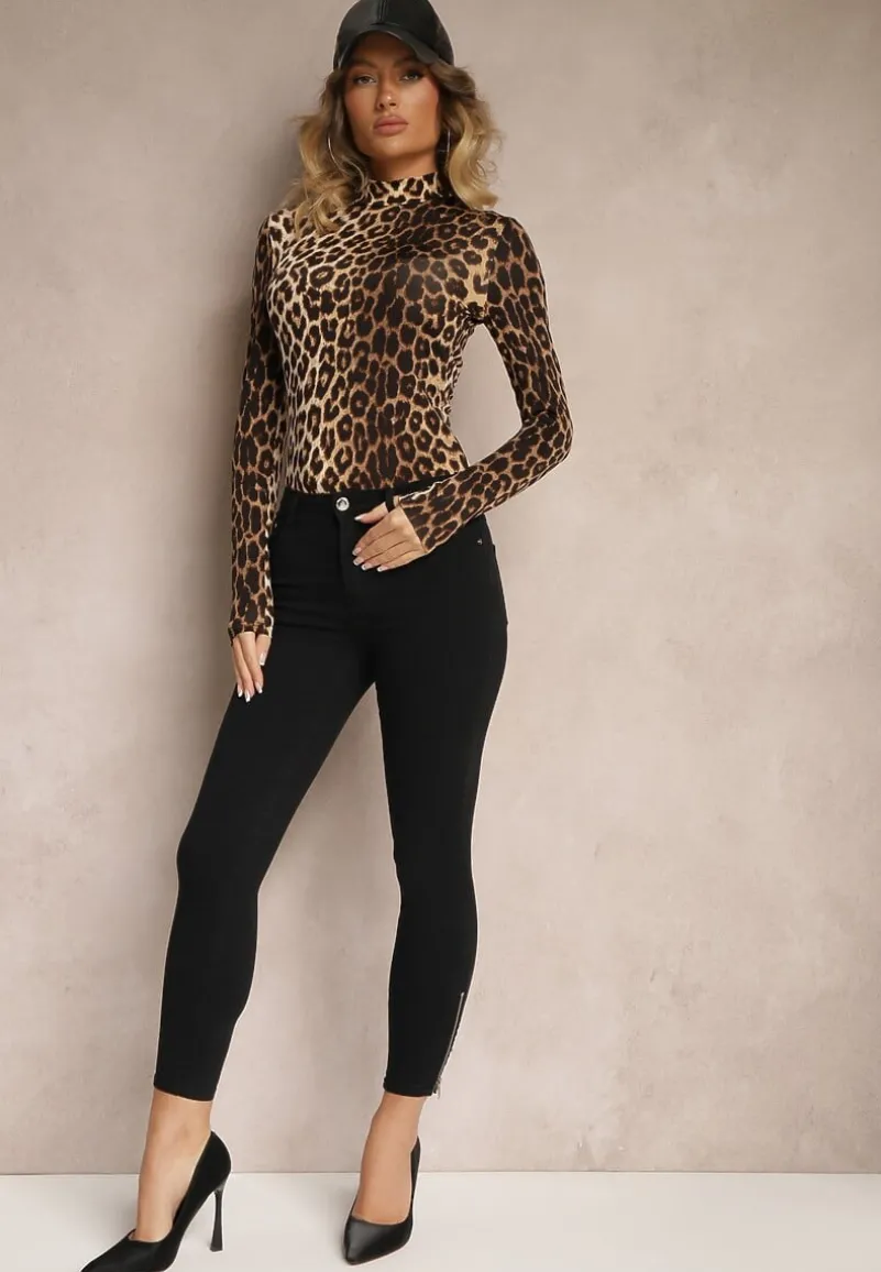 Czarne Jeansy o Kroju Skinny Zdobione Aplikacją Delanille