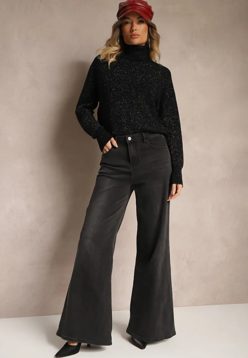 Czarne Jeansy o Szerokim Kroju z Bawełną High Waist z Sercem z Tyłu Zefita