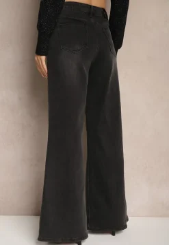 Czarne Jeansy o Szerokim Kroju z Bawełną High Waist z Sercem z Tyłu Zefita