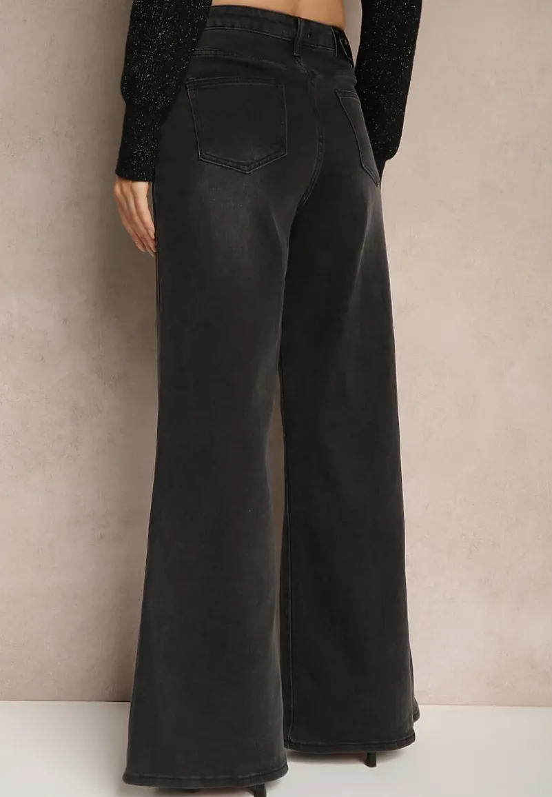 Czarne Jeansy o Szerokim Kroju z Bawełną High Waist z Sercem z Tyłu Zefita