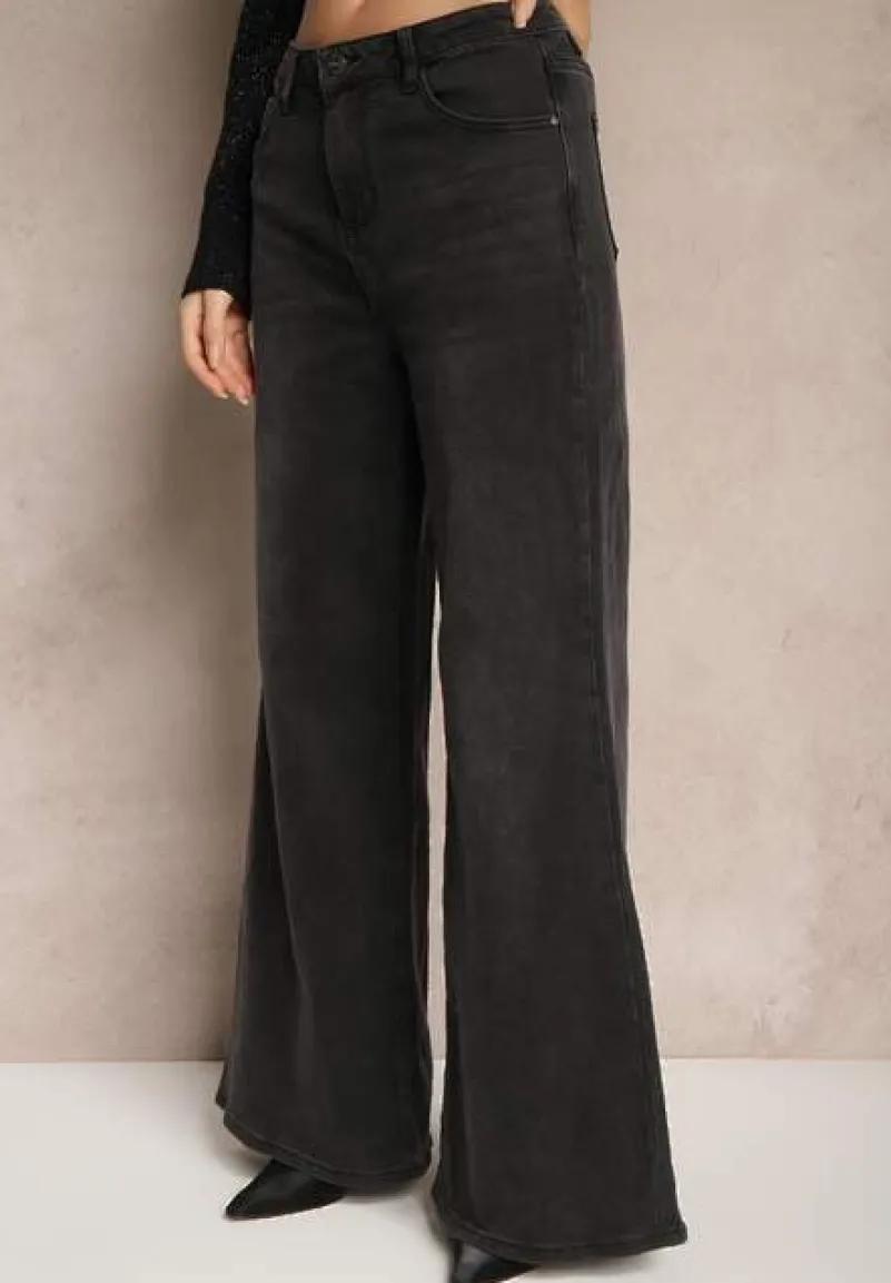 Czarne Jeansy o Szerokim Kroju z Bawełną High Waist z Sercem z Tyłu Zefita