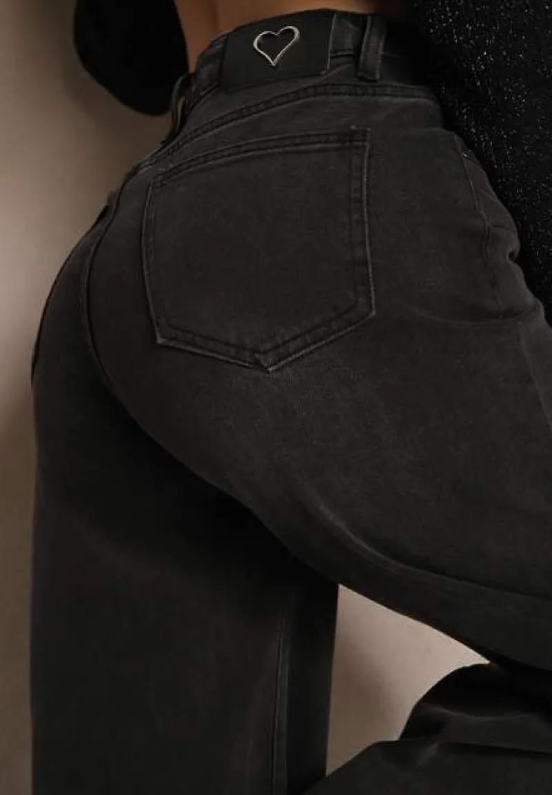 Czarne Jeansy o Szerokim Kroju z Bawełną High Waist z Sercem z Tyłu Zefita