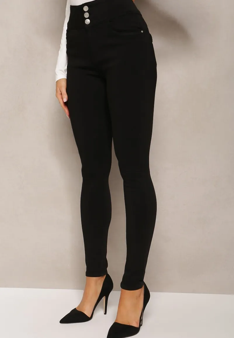 Czarne Jeansy Skinny Push Up z Guzikami Malah