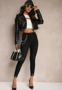 Czarne Jeansy z Łańcuszkiem w Komplecie Ozdobione Dziurami Tiidana