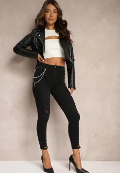 Czarne Jeansy z Łańcuszkiem w Komplecie Ozdobione Dziurami Tiidana