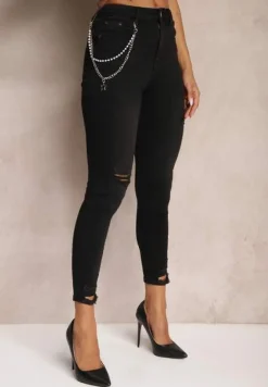 Czarne Jeansy z Łańcuszkiem w Komplecie Ozdobione Dziurami Tiidana