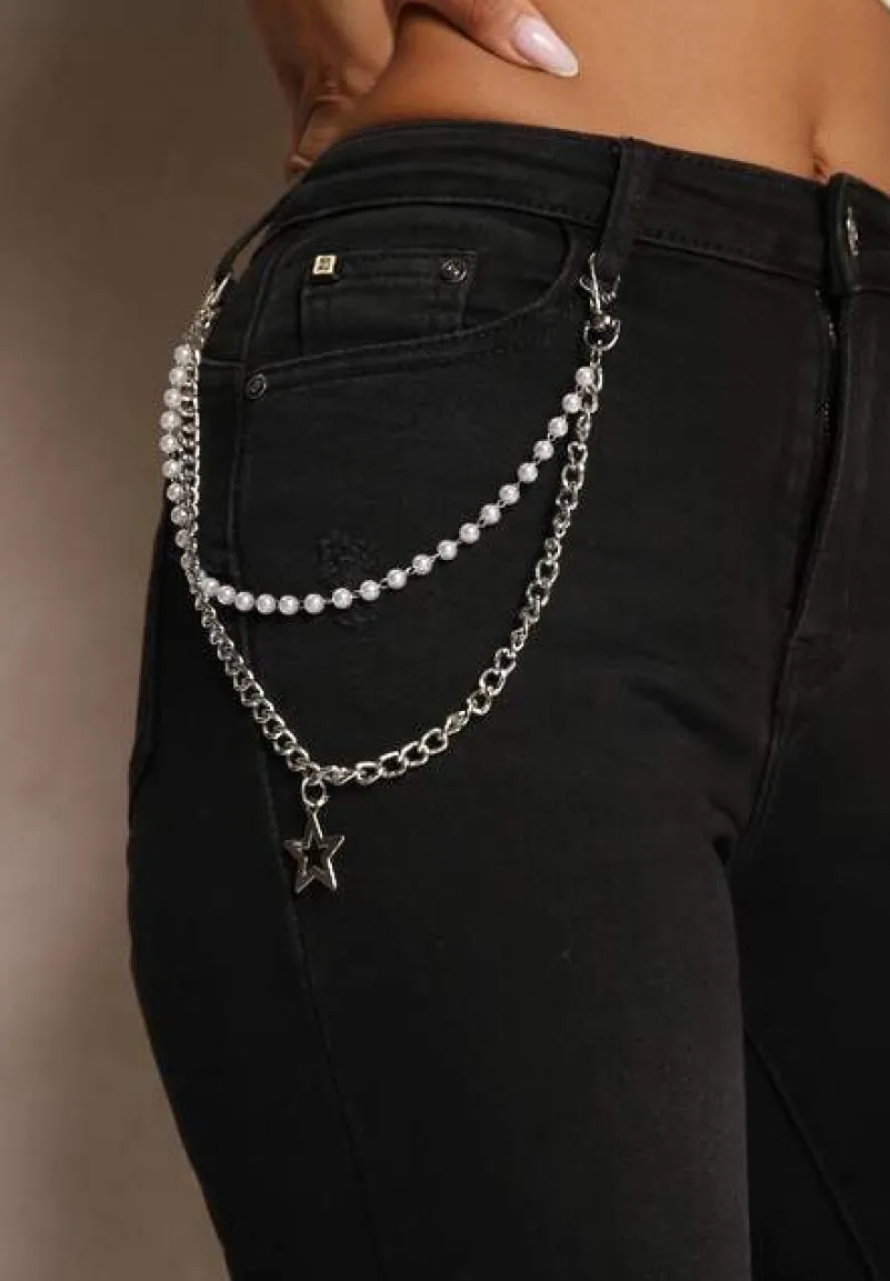Czarne Jeansy z Łańcuszkiem w Komplecie Ozdobione Dziurami Tiidana