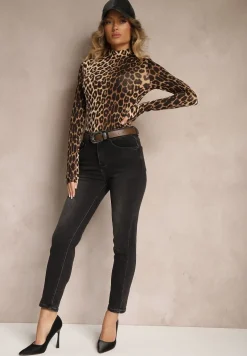 Czarne Jeansy z Bawełną Mom Fit High Waist Ozdobione Paskiem Senowen