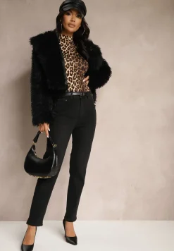 Czarne Jeansy z Wiskozą Mom Fit High Waist z Paskiem Senarose