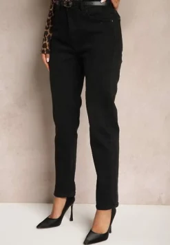 Czarne Jeansy z Wiskozą Mom Fit High Waist z Paskiem Senarose